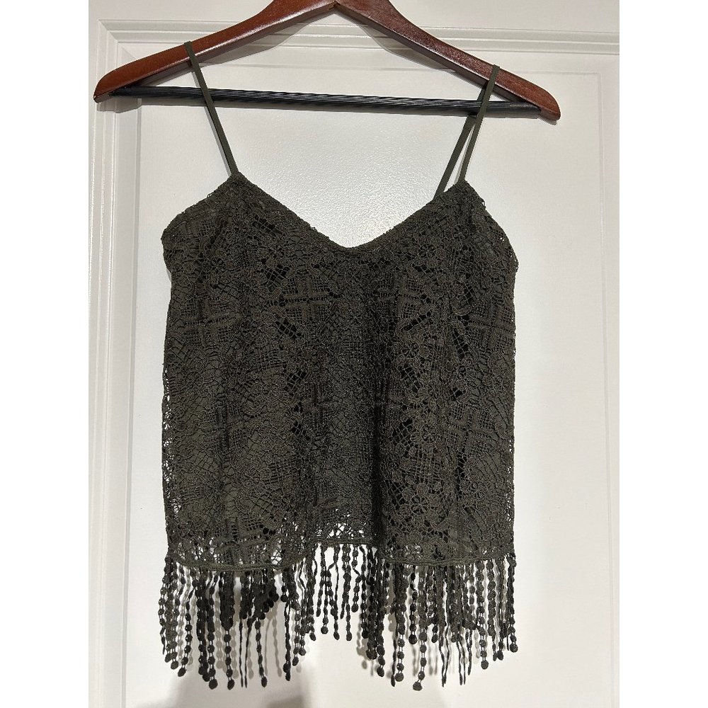 Abercrombie & Fitch Green Lace Tank with Fringe Hem Fully Lined